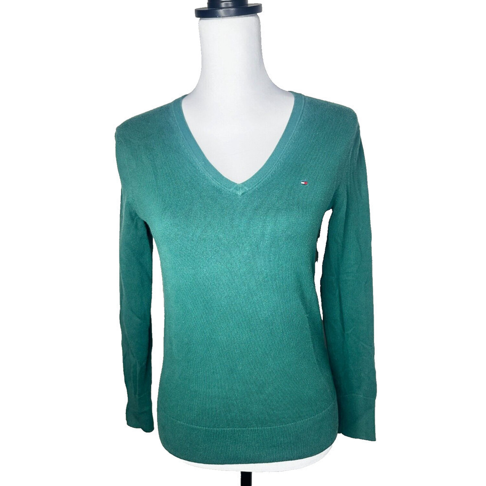 Tommy Hilfiger Sweater Small Petite Green Flag Logo V-Neck Pima Cotton